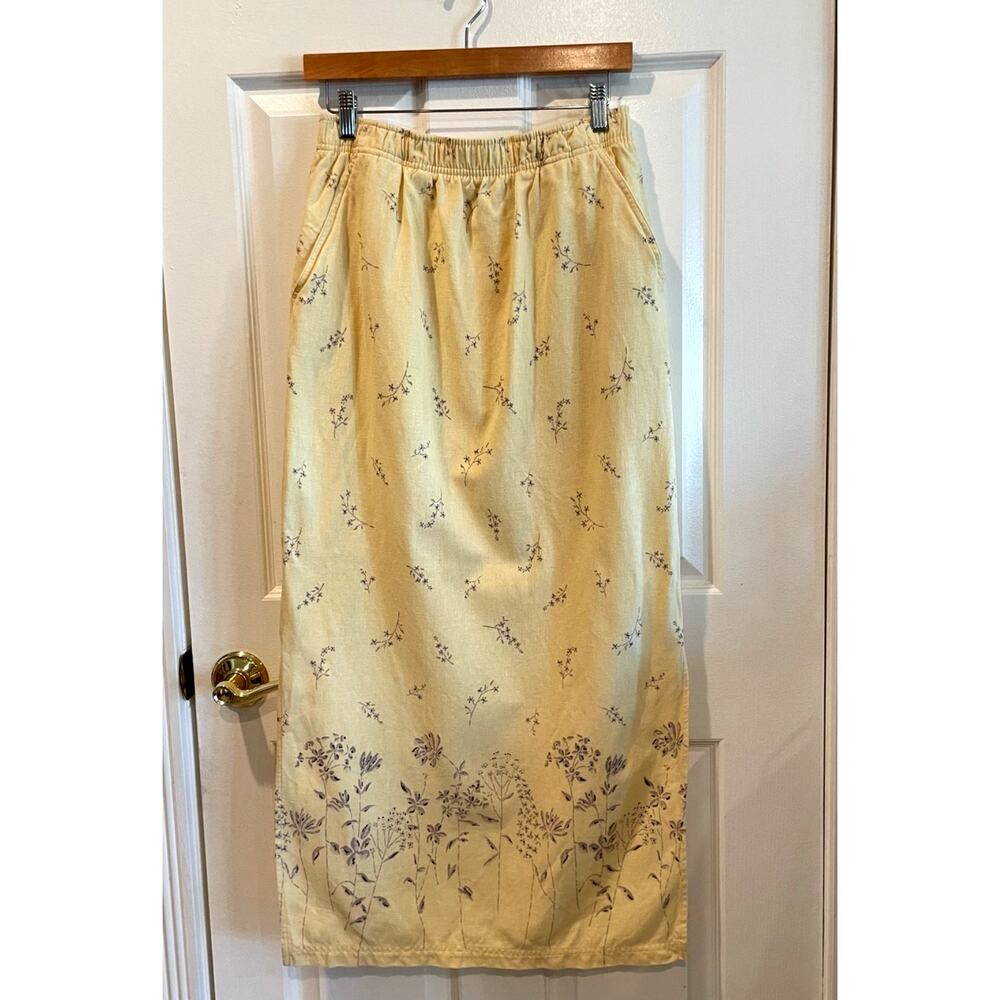 Vintage Erika Linen Cotton Floral Maxi Skirt Yellow Cottagecore Small